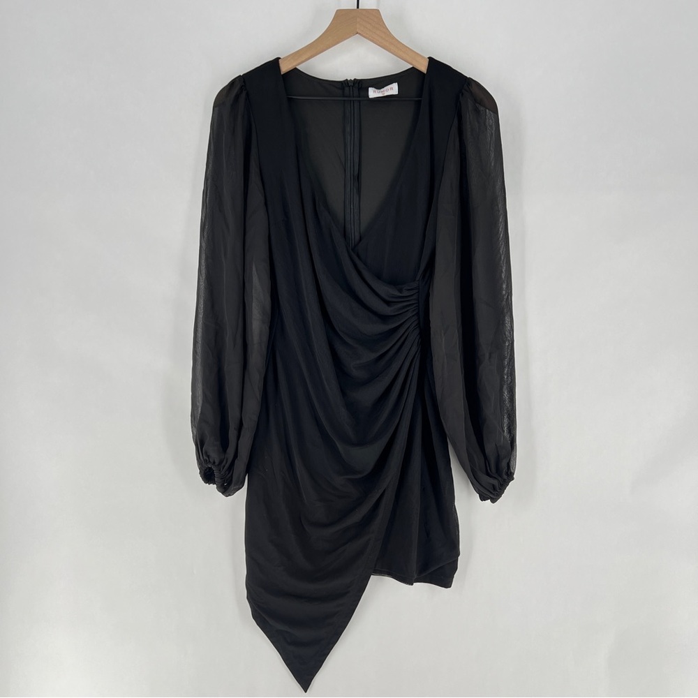 Rumor Womens Size M Black Mesh Sheer Balloon Long Sleeve Faux Wrap Mini Dress